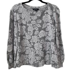 Ellen Tracy Gray Floral White Pattern Crewneck GrandmaCore Longsleeve Sweater-M